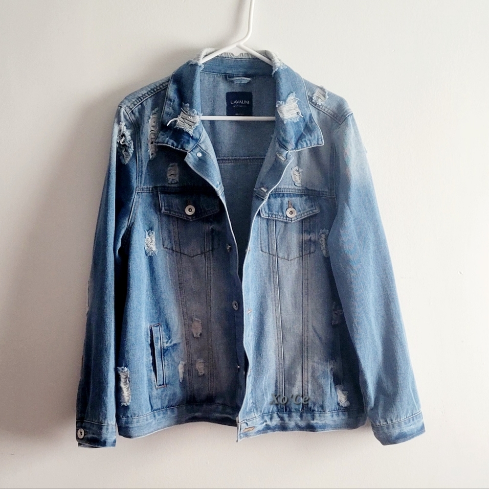 Cavalini Denim Collection Distressed Medium Wash Jean Jacket